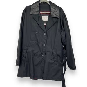 Coach Double Breasted Nylon Black Rain Coat With Soft Leather Collar Womens M